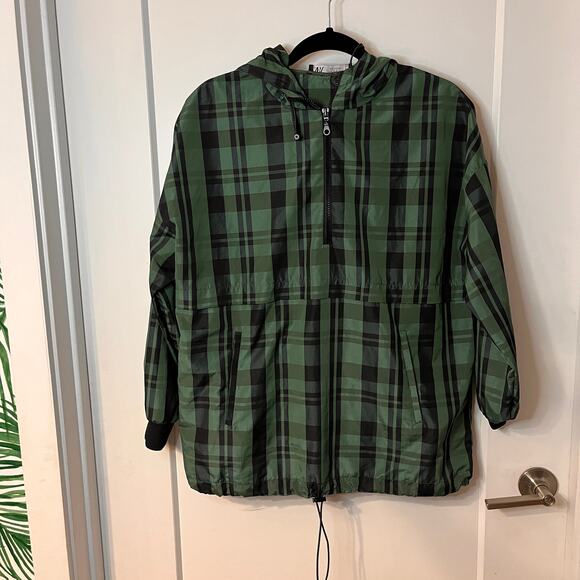 Zara Green & Black Plaid Windbreaker Pullover Hoodie Size Medium - Picture 3 of 9